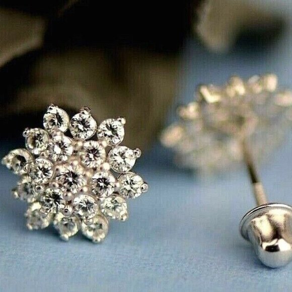 Solid 14k White Gold Birthstone Flower Stud Earrings with Screw Back